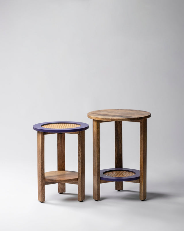 Vintage Accent Mango Wood and Cane Stools - Table - Bareeki