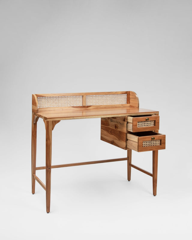 Kokoro Japandi Teak and Cane Study Table - Study Table - Bareeki