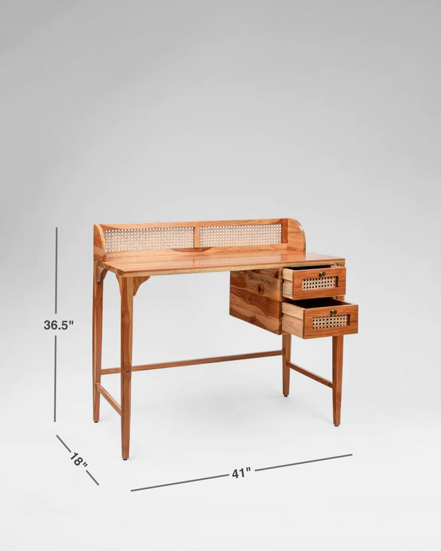 Kokoro Japandi Teak and Cane Study Table - Study Table - Bareeki